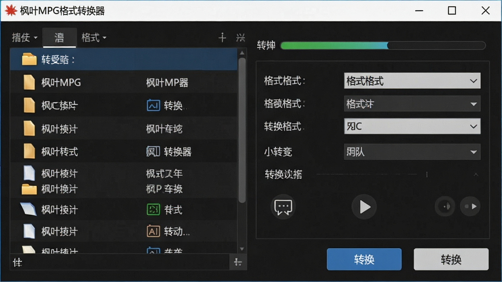 一张展示枫叶MPG格式转换器软件界面的图片,主体是软件主窗口,布局为左侧文件列表区、右侧参数设置区与底部转换按钮,排版整齐清晰,风格为现代简约科技风,细节包括软件名称