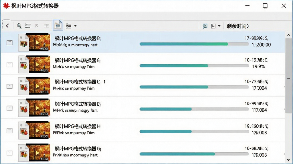 一张展示枫叶MPG格式转换器批量处理功能的图片,主体是软件界面中多个视频文件列表与转换进度条,布局为纵向列表排列,排版整齐有序,风格为清爽办公风,细节包括
