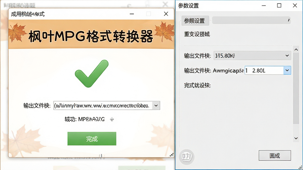 一张展示枫叶MPG格式转换器使用注意事项的图片,主体是软件转换完成提示窗口与参数设置面板,布局为上下结构,排版简洁,风格为友好提示风,细节包括