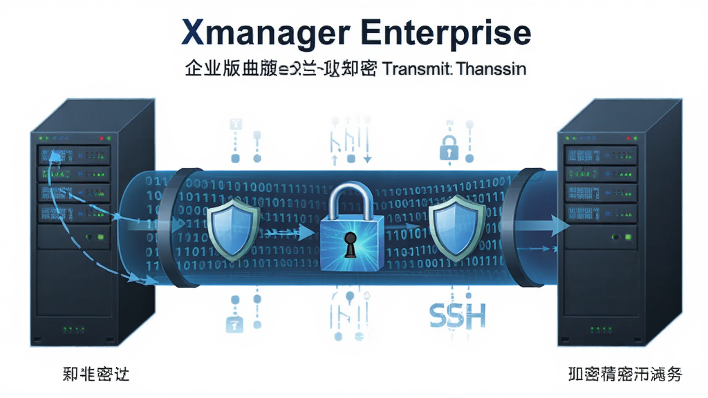 一幅表现Xmanager Enterprise 企业版安全加密传输机制的示意图,主体为数据加密锁与传输通道,布局为左右两端服务器与客户端通过加密隧道连接,排版为横向流程式展示,风格为信息安全主题风格,细节包含加密锁图标、二进制数据流、盾牌符号、SSH协议标识,画质为高清,画面干净,无多余元素