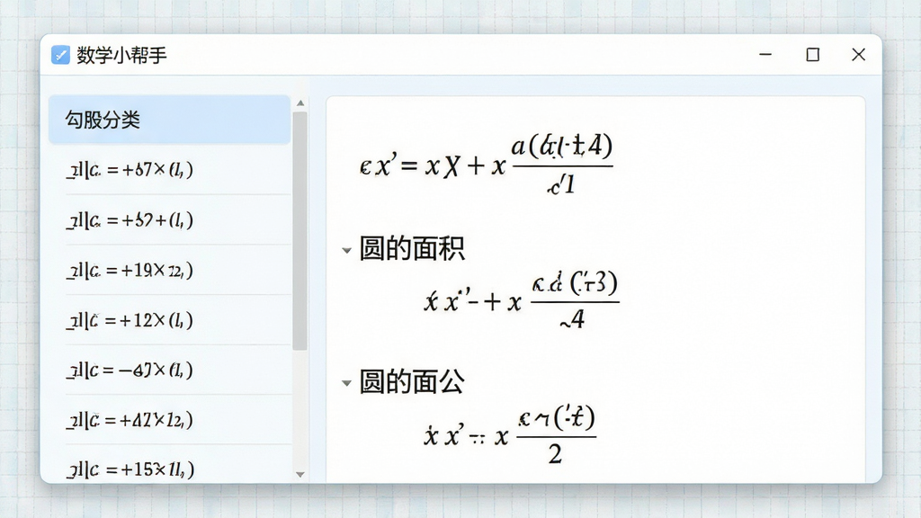 一张展示“数学小帮手”公式查询功能的图片,画面主体为软件界面,界面左侧为公式分类列表,右侧显示勾股定理、圆的面积公式等具体公式内容,界面风格为清爽的浅色主题,背景带有淡淡的网格纹理,细节上公式字体清晰工整,画质高清,画面干净,无多余元素。