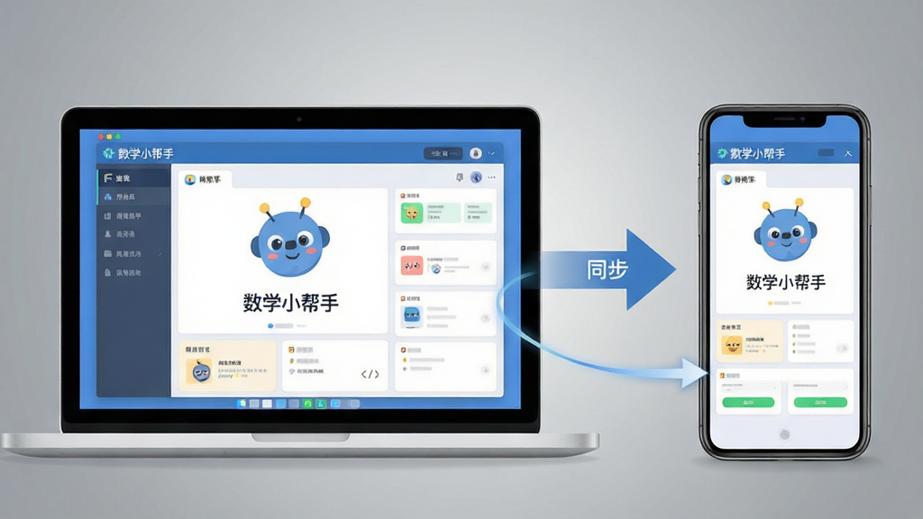 一张展示“数学小帮手”在电脑和手机双端运行的图片,画面左侧为笔记本电脑屏幕显示软件界面,右侧为智能手机屏幕显示相同软件界面,中间有数据同步箭头,背景为简洁的灰色渐变,风格为科技感扁平插画,细节上设备边框清晰,界面内容可辨,画质高清,画面干净,无多余元素。