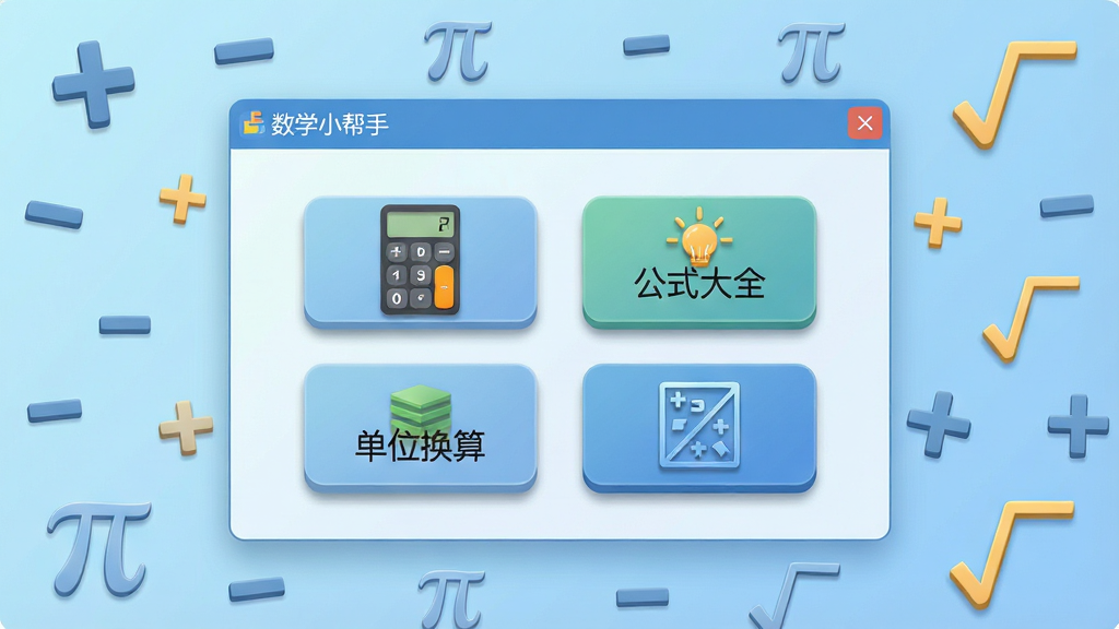 一张展示“数学小帮手”软件主界面的图片,画面中央为软件窗口,窗口内包含计算器、公式大全、单位换算、几何绘图四个功能图标按钮,窗口背景为浅蓝色渐变,周围环绕数学符号如加号、减号、圆周率π、平方根号等元素,整体布局简洁清晰,风格为现代扁平化设计,细节上图标带有轻微立体阴影,画质高清,画面干净,无多余元素。