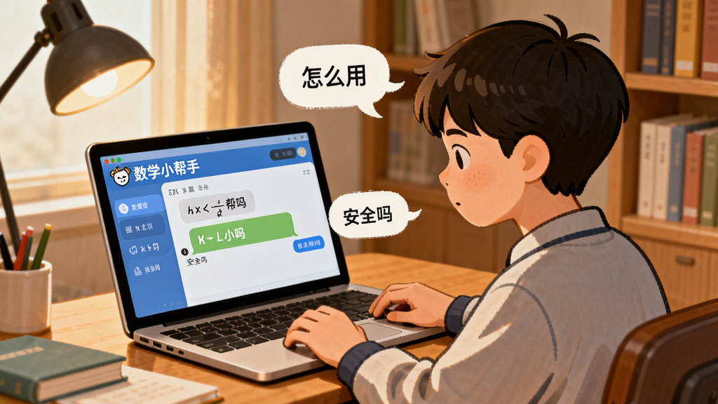 一张展示“数学小帮手”用户问答场景的图片,画面中一位学生坐在书桌前使用笔记本电脑,屏幕上显示数学小帮手界面,旁边有对话气泡显示“怎么用”“安全吗”等文字,风格为温馨插画风,背景为书房环境,细节上人物表情专注,画质高清,画面干净,无多余元素。