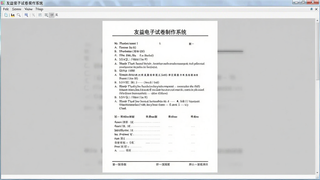 一张展示友益电子试卷制作系统打印预览界面的图片,画面中显示一份完整的试卷预览效果,包括页眉、题目、答题区域和页脚,界面整洁,风格为软件操作界面,画质清晰,干净,无多余元素