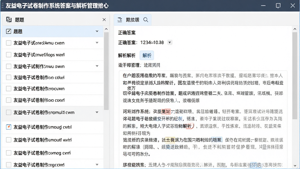 一张展示友益电子试卷制作系统答案与解析管理界面的图片,画面中左侧为题目列表,右侧显示正确答案和详细解析内容,界面清晰,风格为软件操作界面,画质清晰,干净,无多余元素