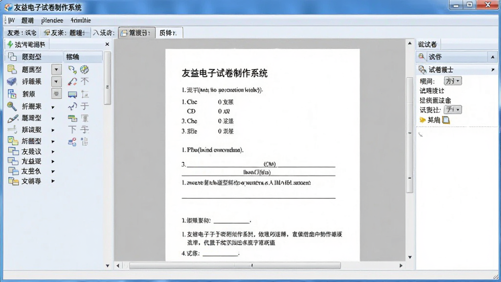 一张展示友益电子试卷制作系统软件主界面的图片,画面中央是软件窗口,左侧为题型工具栏,右侧为试卷编辑区域,试卷上显示选择题、填空题等题目内容,界面整洁,风格为电脑软件截图,画质清晰,干净,无多余元素