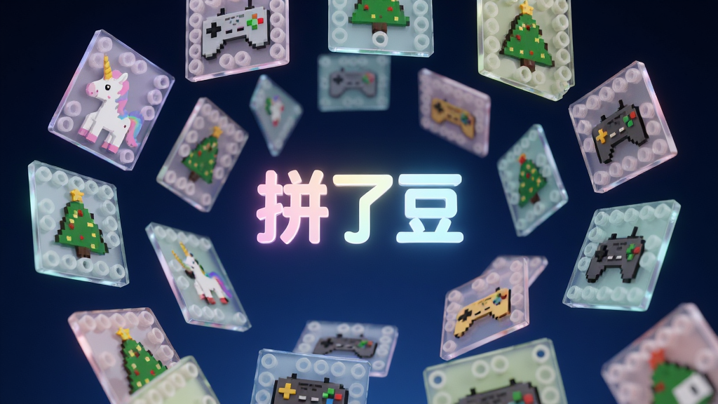 主体为悬浮在空中的多个拼豆图纸卡片,卡片上显示不同风格的像素图案,如独角兽、圣诞树、游戏手柄。布局采用错落有致的网格排列,卡片带有半透明玻璃质感。排版上,卡片围绕中心一个发光的“拼了豆”LOGO旋转。风格为3D渲染科技感,色彩丰富且柔和。细节要求卡片边缘有微光,图案清晰可辨,背景为深蓝色渐变虚空。画质4K,干净,无多余元素。