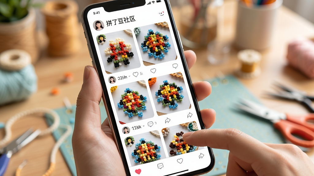 主体为手机屏幕显示拼了豆社区界面,瀑布流中展示各种拼豆成品照片,照片下方有点赞和评论图标。布局为手持手机的特写,背景虚化显示温馨的手工桌面环境。排版突出社区互动元素。风格为清新明亮的UI展示图。细节要求屏幕内容清晰,有用户头像和作品缩略图,手指正在点击屏幕。画质高清,干净,无多余元素。