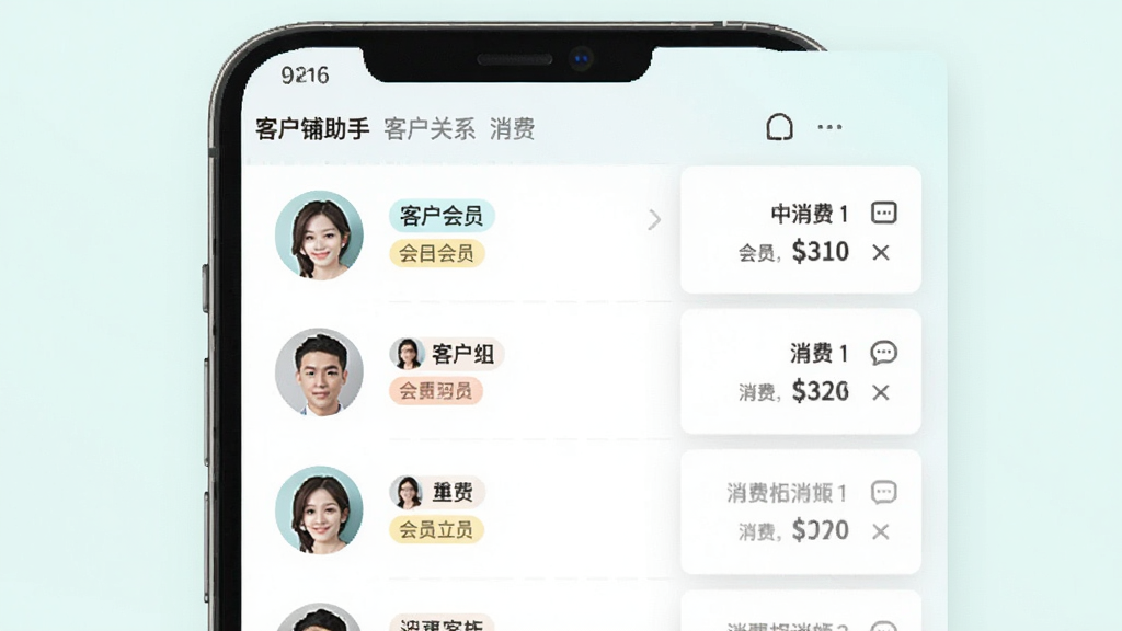 旺铺助手客户关系维护功能界面,画面主体为手机屏幕显示客户列表和消费记录卡片,布局为左侧客户头像右侧消费数据,风格为清新浅色系,细节包括会员标签和消息图标,画质清晰,干净,无多余元素