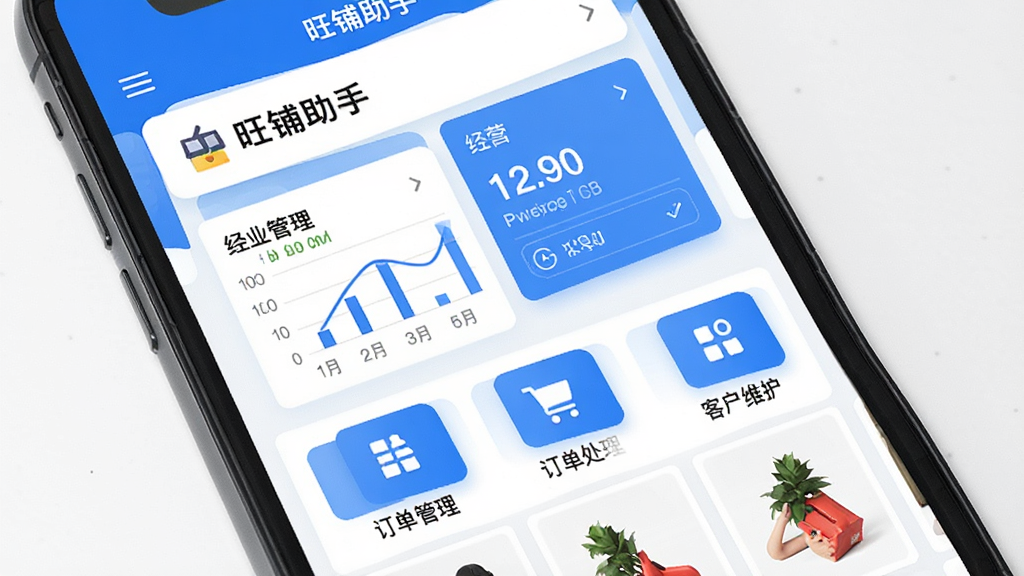 手机屏幕中显示店铺管理界面,画面中央是旺铺助手应用主页面,上方有店铺名称和经营数据卡片,下方排列商品管理、订单处理、客户维护等功能图标,整体布局清晰,采用扁平化设计风格,配色以蓝白为主,细节包括数据图表和商品缩略图,画质清晰,干净,无多余元素