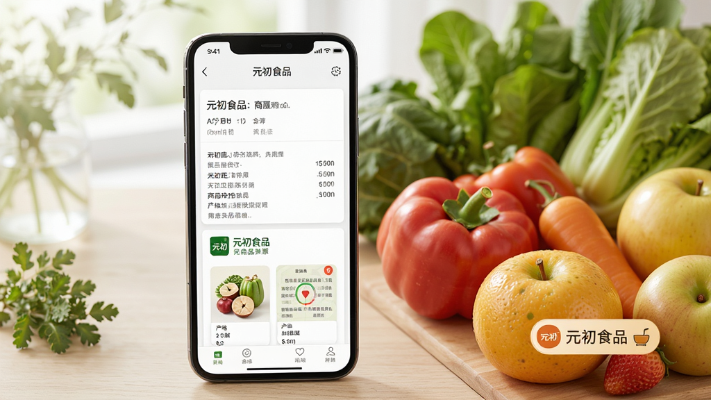 Ԫ��ʳƷ��Ʒ��Դ���棬����������һ���ֻ�����Ļ��ʾ��Ʒ����ҳ�Ͳ�����Ϣ��Ƭ���Ա߰ڷ��������߲˺�ˮ�����������������дʵ��ϸ�������ֱ�ǩ��Ԫ��ʳƷ�������ʸ��壬�ɾ����޶���Ԫ��