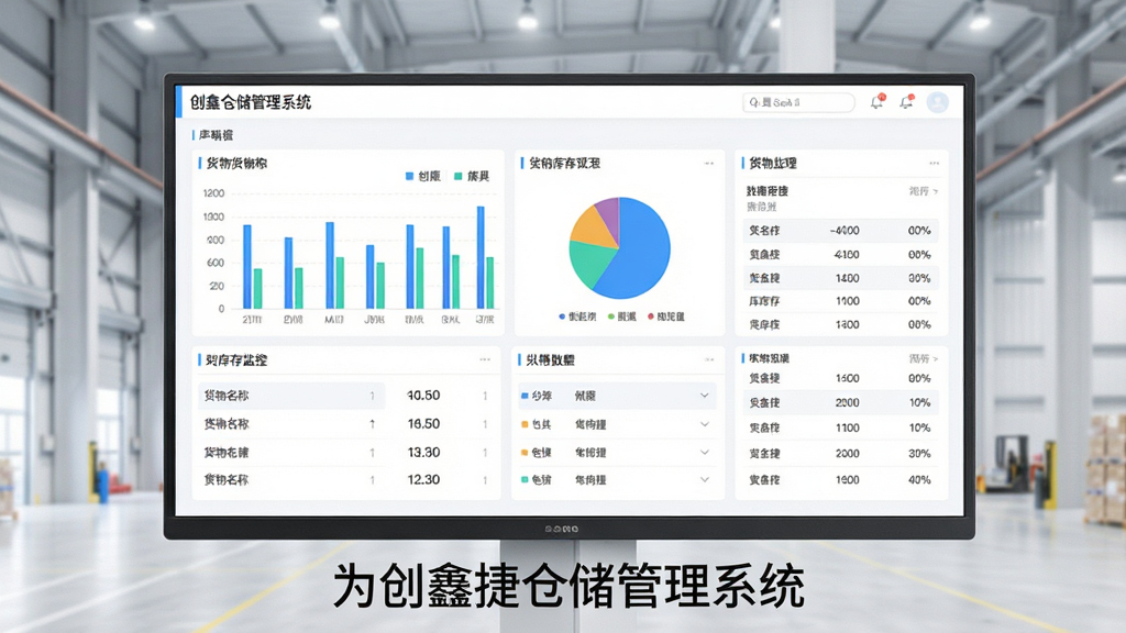 为创鑫捷仓储管理系统实时库存监控功能界面展示,画面中是一块大屏幕显示器,屏幕上显示着清晰的库存数据看板,包含柱状图、饼图与数据列表,货物名称与库存数量排列整齐,界面风格为现代科技感浅色系,布局简洁明了,屏幕下方有“为创鑫捷仓储管理系统”字样,整体画面干净、画质高清,适合用于软件功能介绍配图