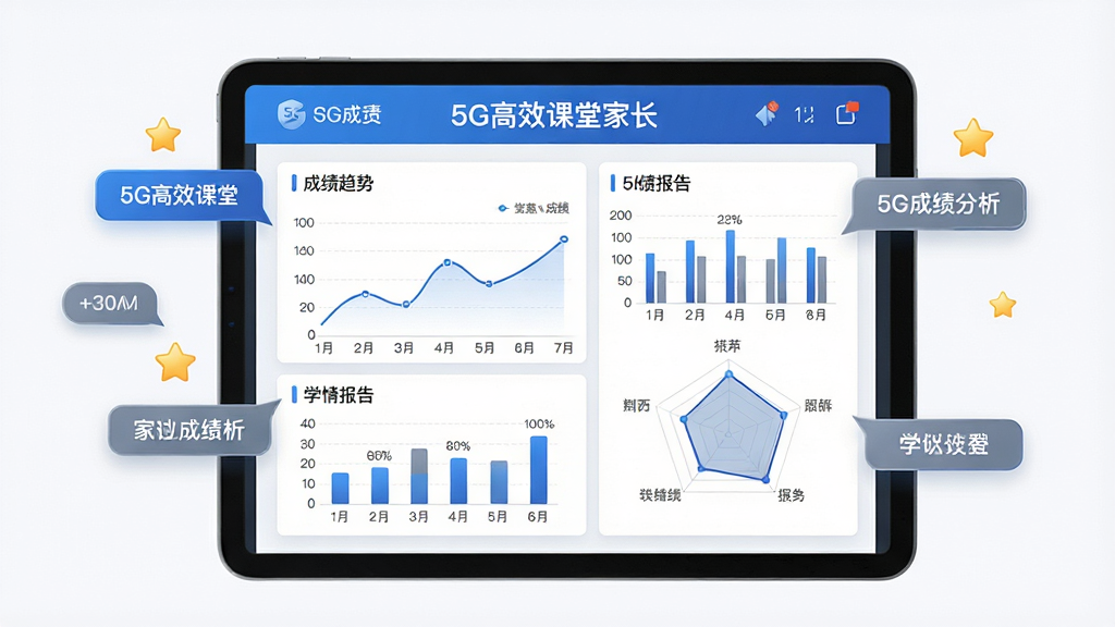 һ��չʾ5G��Ч���üҳ��ɼ�������ѧ�鱨�湦�ܵĲ�ͼ������������һ��ƽ����ԣ���Ļ����ʾ��5G��Ч���üҳ����ĳɼ�����ͼ��ѧ�鱨����棬��������ͼ����״ͼ���״�ͼ����Ļ��ΧƯ�������ݱ�ǩ������ͼ�꣬������רҵ��࣬��ɫ����ɫ�ͻ�ɫΪ��������������ϸ�ھ��£����ʸ��壬�ɾ��޶���Ԫ��