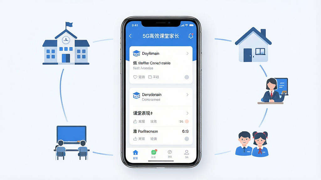 һ��չʾ5G��Ч���üҳ�Ӧ�ý���ĳ���ͼ������������һ�������ֻ�����Ļ����ʾ�š�5G��Ч���üҳ�����Ӧ�������棬������ҵ֪ͨ���ɼ���ѯ�����ñ��ֵȿ�Ƭʽ���֣��ֻ���Χ������ѧУ����ͥ����ʦ��ѧ���ȼ�Լͼ�꣬���������ɫ�Ͱ�ɫΪ��ɫ������������������ִ���࣬ϸ�ڷḻ�����ʸ��壬�ɾ��޶���Ԫ��