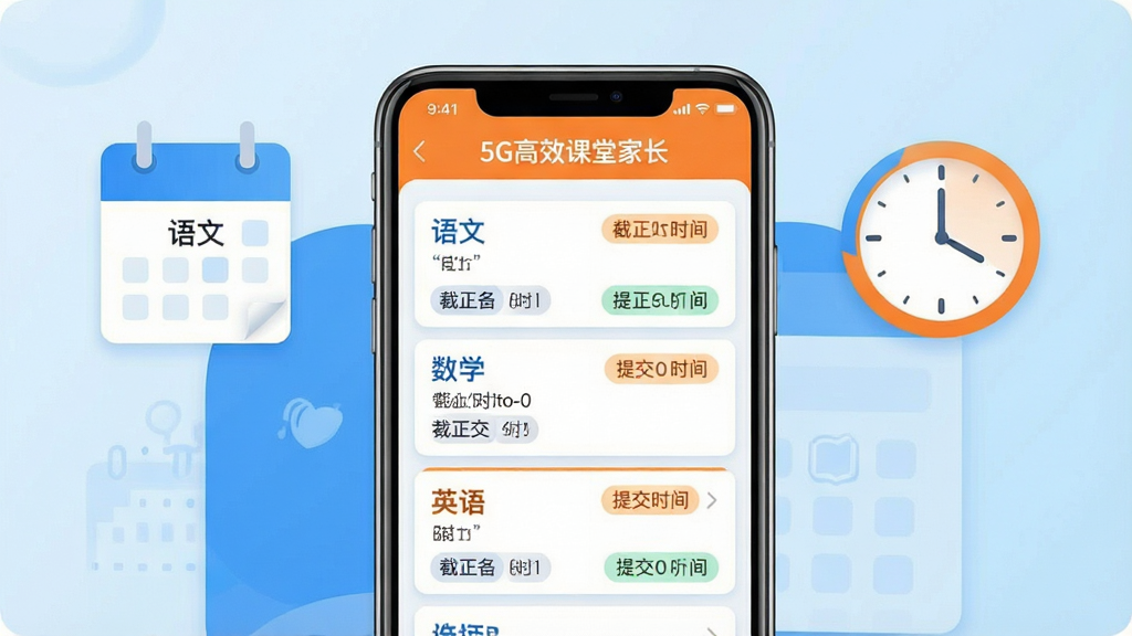 һ��չʾ5G��Ч���üҳ���ҵ֪ͨ���ύ���ٹ��ܵĲ�ͼ������������һ���ֻ�����Ļ����ʾ��5G��Ч���üҳ�������ҵ�б����棬�������ġ���ѧ��Ӣ��ȿ�Ŀ����ҵ��Ƭ��ÿ�ſ�Ƭ���н�ֹʱ����ύ״̬��ǩ���ֻ��Ա���һ��������ʱ��ͼ�꣬�������������죬��ɫ����ɫ�ͳ�ɫΪ�����������࣬ϸ�ڷḻ�����ʸ��壬�ɾ��޶���Ԫ��