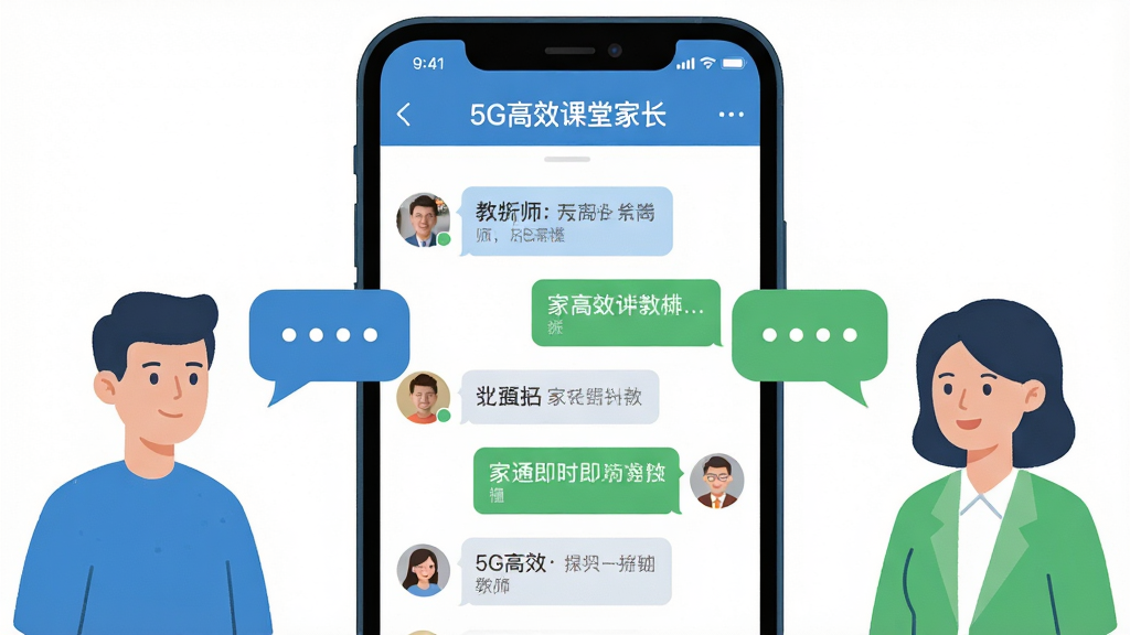 һ��չʾ5G��Ч���üҳ���У��ʱ��ͨ���ܵĲ�ͼ������������һ���ֻ�����Ļ����ʾ��5G��Ч���üҳ�����������棬�н�ʦ�ͼҳ��ĶԻ����ݣ��ֻ�����ֱ��мҳ��ͽ�ʦ�ļ�Լ���������м��ԶԻ��������ӣ���������ܰ�Ѻã���ɫ����ɫ����ɫΪ�������ֶԳƣ�ϸ�����������ʸ��壬�ɾ��޶���Ԫ��