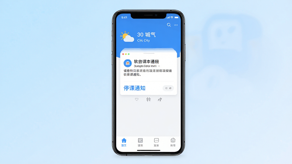 停课铃软件主界面截图,画面中央展示手机屏幕,屏幕内是停课铃应用首页,顶部有天气图标和城市名称,中部有醒目的停课通知卡片,底部有功能导航栏,整体风格清新简洁,蓝白配色为主,背景为柔和渐变浅蓝色,干净无多余元素,高清画质