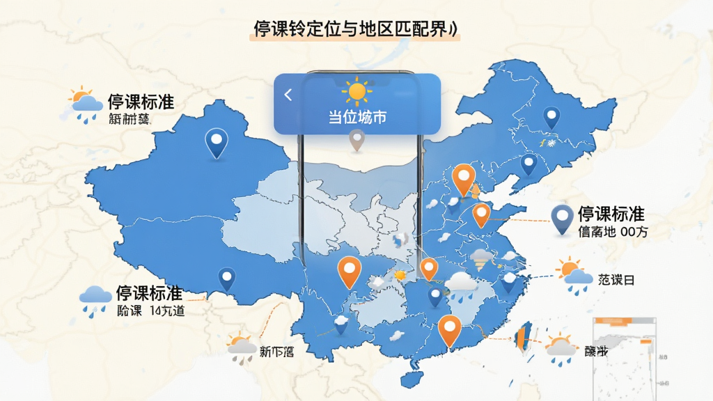 停课铃定位与地区匹配界面,画面展示一张中国地图轮廓,地图上有多个定位标记点,每个标记点连接着不同的天气图标和停课标准文字,手机屏幕悬浮在地图上方显示当前定位城市,整体风格信息图表化,浅色背景,蓝色和橙色点缀,高清画质,干净整洁