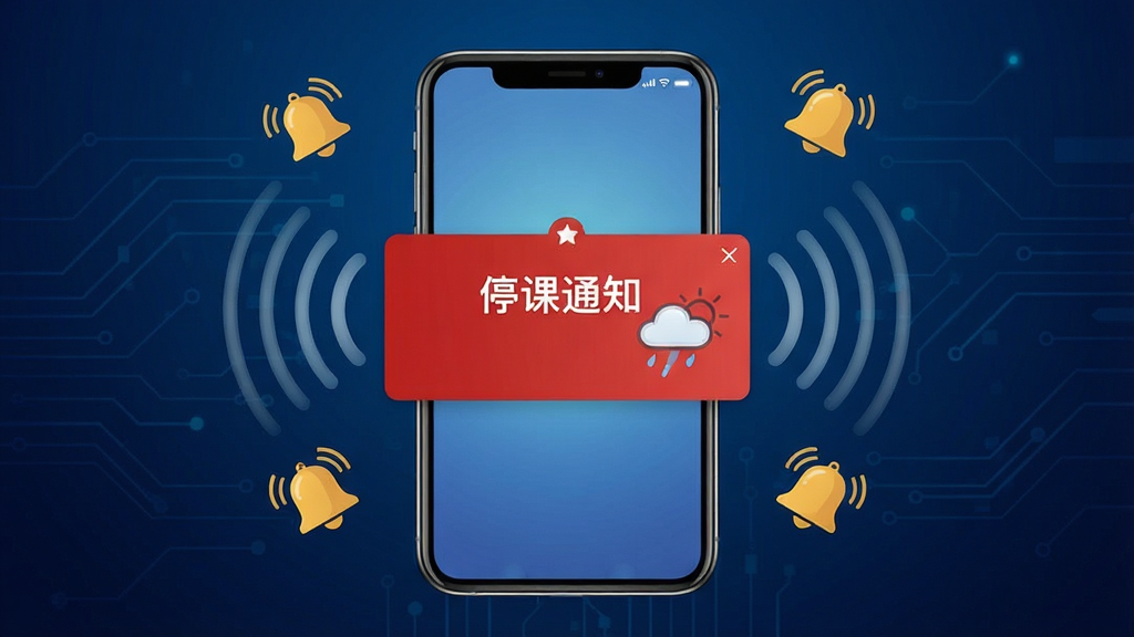 停课铃预警推送功能展示图,画面中一部手机屏幕亮起,显示红色预警通知弹窗,弹窗内写有“停课通知”字样和天气图标,手机周围环绕着信号波纹和铃铛图标,象征信息快速传递,背景为深蓝色科技感渐变,整体风格醒目且专业,高清画质,干净无多余元素
