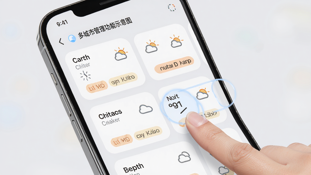 停课铃多城市管理功能示意图,画面中手机屏幕显示城市列表卡片,每张卡片上有城市名称、天气图标和预警状态标签,卡片以圆角矩形排列,背景为浅灰色,配色柔和,有手指点击切换的示意动作,整体风格清新实用,高清画质,无多余装饰