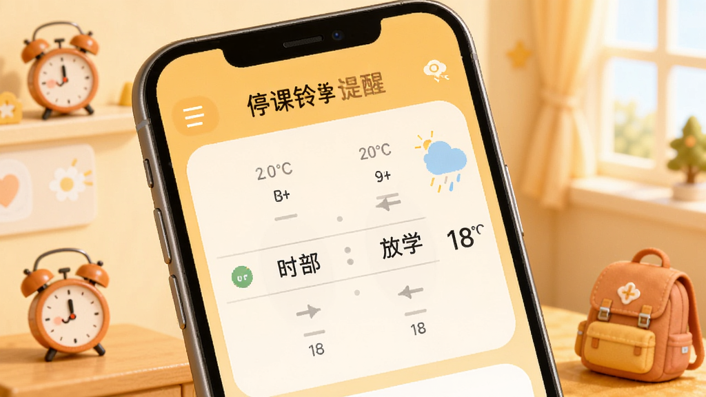 停课铃上下学提醒设置界面,画面展示手机屏幕上的时间设置面板,有上学时间和放学时间的拨轮选择器,旁边有天气小图标和温度显示,背景为温馨的暖色调,有闹钟和书包的小元素点缀,整体风格亲切友好,高清画质,干净无多余元素