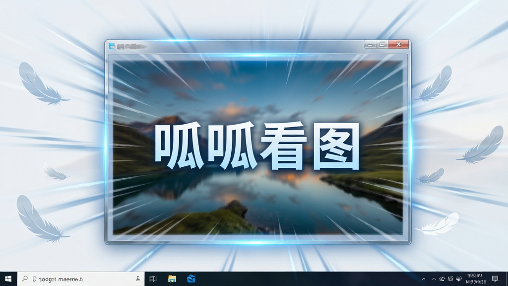 呱呱看图软件运行在Windows桌面上的场景,主体为软件窗口高速打开图片的瞬间,布局为全屏展示一张风景照片,周围环绕速度线条与轻量化的羽毛图标,排版居中突出软件名称