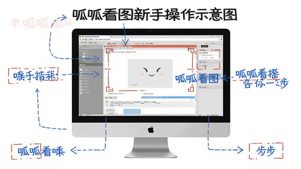 呱呱看图新手操作示意图,主体为电脑屏幕显示软件界面与标注箭头,布局为分步指引排版,风格为教程图解,细节包含红色标注框、蓝色提示文字、清晰的操作路径,画质干净无多余元素,画面中带