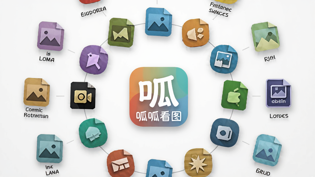 呱呱看图软件功能展示图,主体为多种图片格式图标围绕软件Logo排列,布局为圆形放射状,排版中英文标注格式名称,风格为简洁信息图,细节包含彩色格式图标、浅灰背景、柔和阴影,画质清晰干净,画面中带