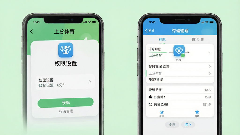 上分体育安装设置操作示意图,手机屏幕展示权限设置和存储管理界面,背景为浅绿色清新风格,图标清晰,画质高清,干净,无多余元素