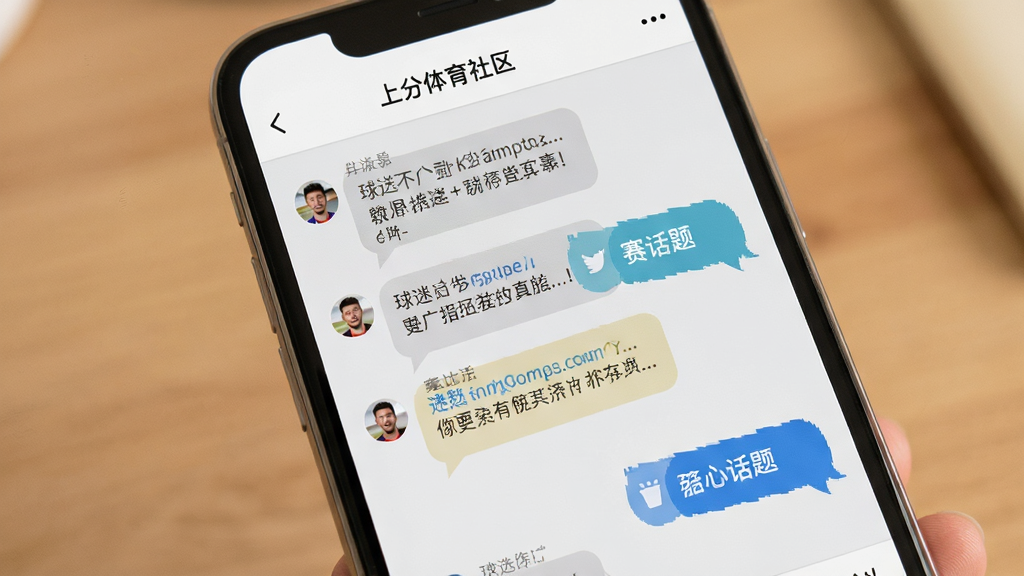 上分体育社区讨论页面,手机屏幕展示,屏幕中显示球迷评论和赛事话题标签,背景为浅灰色温暖风格,气泡式对话框,画质高清,干净,无多余元素