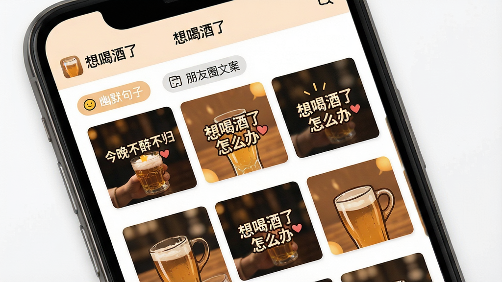 手机屏幕展示“想喝酒了”应用的文案图片库页面,画面中排列着多张带文字的喝酒主题图片,文字包括“今晚不醉不归”“想喝酒了怎么办”等,布局为网格状缩略图,风格温暖活泼,细节包括分类标签“幽默句子”“朋友圈文案”“带字图片”,顶部显示“想喝酒了”应用名称,画质高清,干净,无多余元素