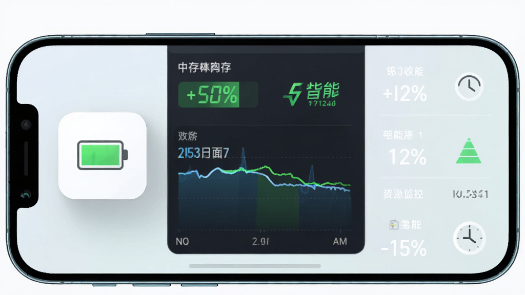 多指手机连点器运行状态示意图,主体为手机屏幕显示电池与内存占用曲线,布局上左侧为悬浮窗图标,右侧为资源监控数据,排版简洁,风格为清新浅色,细节包含百分比数字、绿色节能标识、时钟图标,画质高清,干净,无多余元素