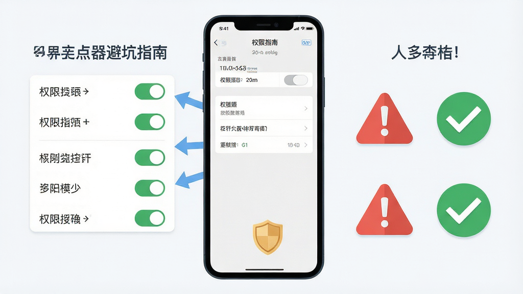 多指手机连点器避坑指南示意图,主体为手机屏幕显示权限设置页面,布局上左侧为权限开关列表,右侧为红色警告图标与绿色对勾图标,排版清晰,风格为扁平化设计,细节包含文字标注、箭头指示、盾牌安全标识,画质高清,干净,无多余元素