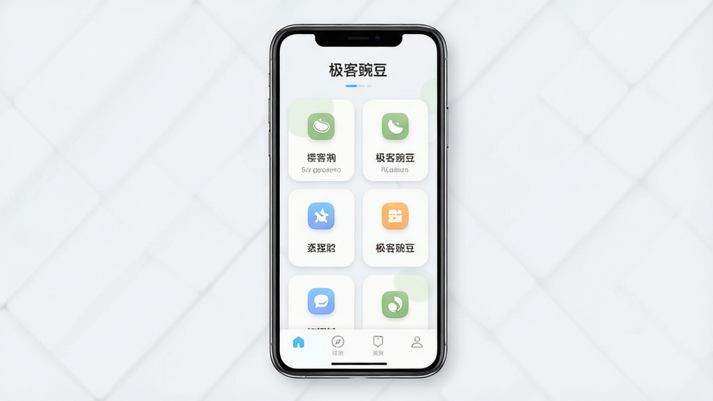 极客豌豆 手机应用界面展示图,画面中央是一部竖屏智能手机,屏幕内显示“极客豌豆”应用主界面,界面布局简洁,顶部为软件名称“极客豌豆”,中部为功能卡片式排列,底部为导航栏,整体采用浅色系配色,风格清爽现代,细节上体现圆角图标与柔和阴影,画质清晰,干净,无多余元素