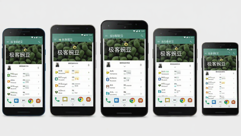 极客豌豆 稳定兼容展示图,画面中央为多部不同尺寸的安卓手机并排展示,每部手机屏幕均显示“极客豌豆”运行界面,背景为浅灰色,风格干净商务,排版横向整齐,细节体现兼容与稳定,画质清晰,无多余元素