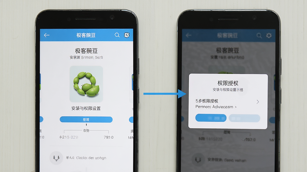 极客豌豆 安装与权限设置示意图,画面为手机屏幕展示“极客豌豆”安装界面与权限授权弹窗,界面清晰,背景为浅色,风格教程化,排版简洁,细节突出安装步骤与权限选项,画质干净,无多余元素