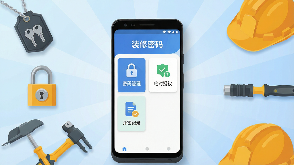 一张展示装修密码软件核心全貌的场景图,画面中央是一部竖屏安卓手机,手机屏幕上显示