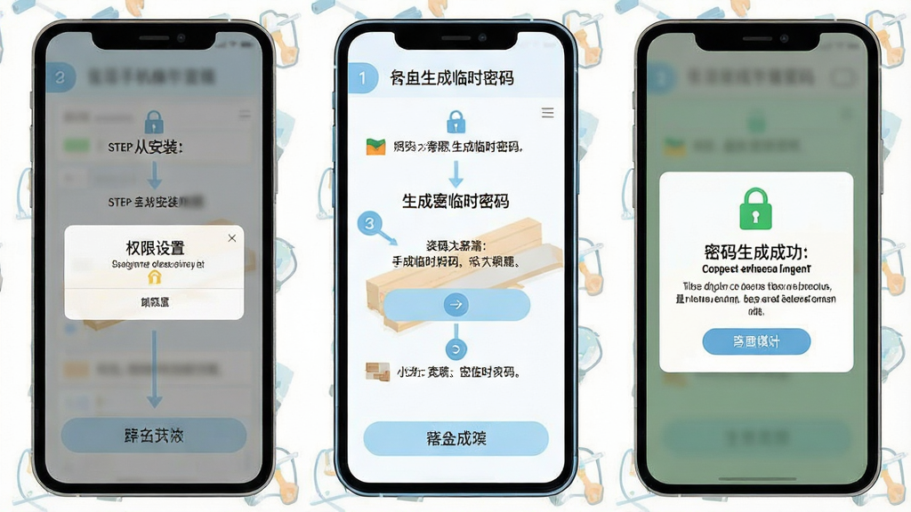 一张展示装修密码在手机端操作流程的示意图,画面为竖版手机界面,屏幕中显示从安装到生成临时密码的步骤引导,包含权限设置弹窗和密码生成成功提示,布局采用上下分步排版,风格为扁平化教程插画,细节包括步骤数字标识、淡蓝色按钮和清晰的文字提示,画质高清,干净无多余元素