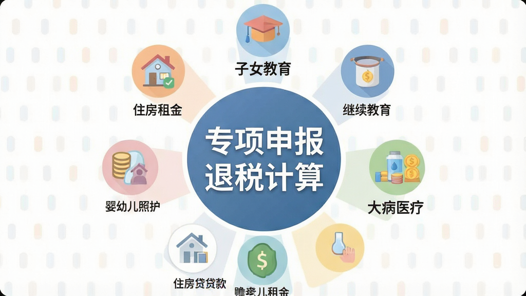 一张信息图表风格的图片,画面中央是“专项申报退税计算”软件的名称,周围环绕着七个图标,分别代表子女教育、继续教育、大病医疗、住房贷款、住房租金、赡养老人、婴幼儿照护,图标下方有对应的文字标签。布局呈圆形放射状,风格扁平化,色彩柔和,细节清晰,画质高清,干净,无多余元素