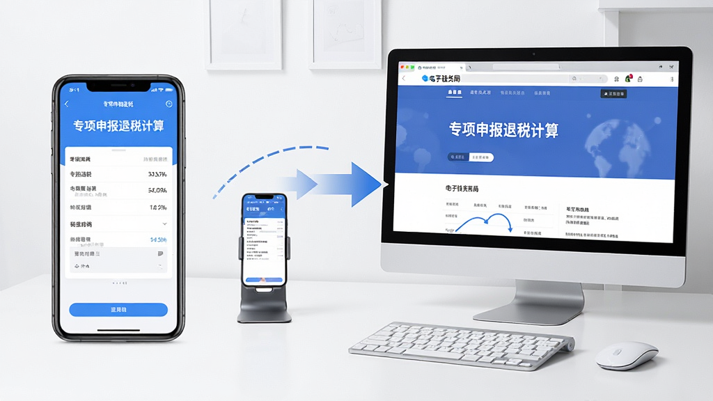 一张展示用户使用手机和电脑同步操作税务申报场景的图片,左侧为手机屏幕显示“专项申报退税计算”软件界面,右侧为电脑屏幕显示电子税务局网页,中间有数据同步的箭头示意。布局左右对称,风格现代简约,细节包括键盘、鼠标和手机支架,画质高清,干净,无多余元素