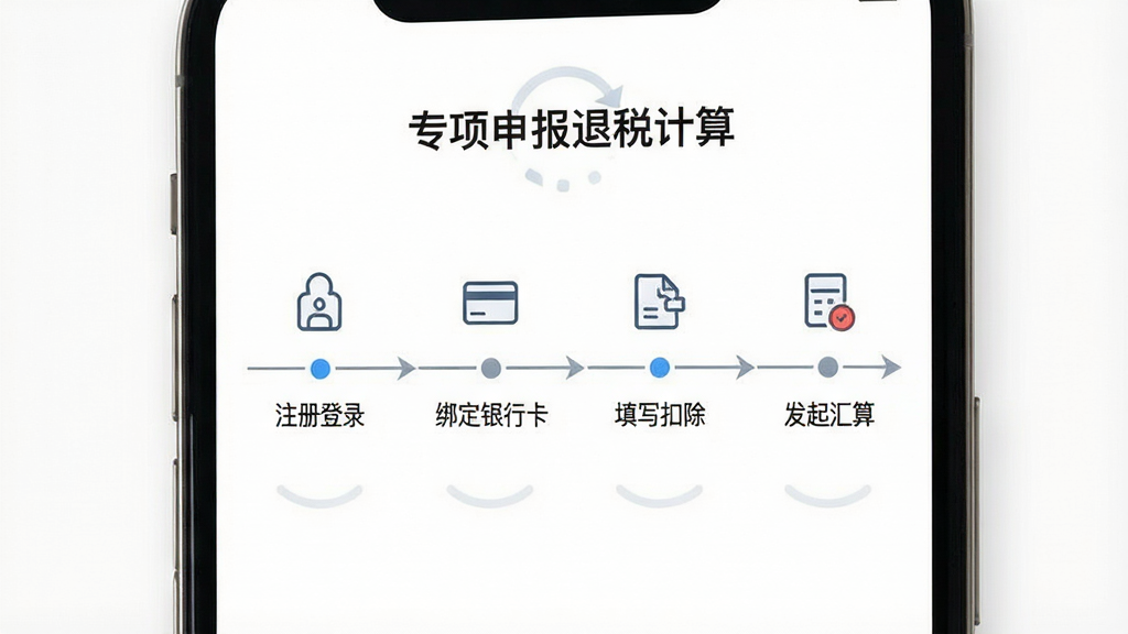 一张展示手机屏幕分步引导界面的图片,屏幕中显示“专项申报退税计算”软件的流程指引页面,页面以时间轴形式列出“注册登录”“绑定银行卡”“填写扣除”“发起汇算”四个步骤,每个步骤配有简洁图标和文字说明。背景为纯白色,风格清爽极简,细节包括进度指示圆点和箭头,画质高清,干净,无多余元素