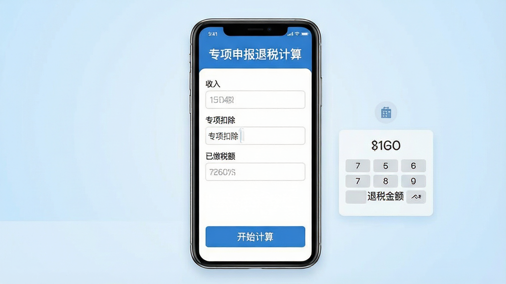 一张展示智能手机屏幕的图片,屏幕中央显示“专项申报退税计算”软件的主界面,界面布局清晰,顶部有软件名称“专项申报退税计算”,中间有收入、专项扣除、已缴税额等输入框,底部有“开始计算”按钮。背景为干净的浅蓝色渐变,风格简约商务,细节包括数字键盘图标和退税金额预览区域,画质高清,干净,无多余元素
