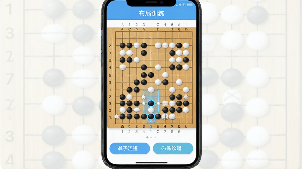 围棋实训布局训练界面,画面主体为手机屏幕中显示的围棋棋盘布局图,布局为棋盘占据主要区域、上方显示“布局训练”标题、下方为选项按钮,风格为清爽的学习类应用界面,细节包括棋盘上的黑白棋子分布、坐标标注、高亮选点,画质高清,干净,无多余元素