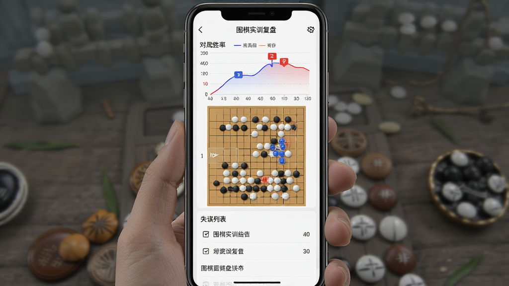 围棋实训复盘报告界面,画面主体为手机屏幕中显示的复盘分析图表,布局为上方为对局胜率曲线、中部为棋盘回放、下方为失误列表,风格为数据分析类应用界面,细节包括曲线图、红蓝标记、棋子落点高亮,画质高清,干净,无多余元素