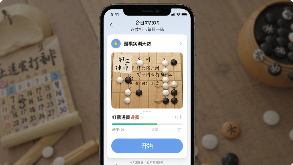 围棋实训每日一练界面,画面主体为手机屏幕中显示的每日任务卡片,布局为顶部显示日期与连续打卡天数、中部为题目预览、底部为开始按钮,风格为习惯养成类应用界面,细节包括打卡日历、进度条、棋子图标,画质高清,干净,无多余元素