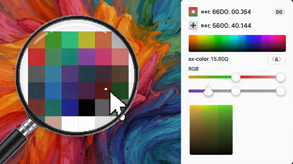 sx-color屏幕取色功能演示,主体为鼠标光标悬停在彩色图片上,布局为左侧放大镜区域显示像素网格,右侧面板展示取色数值,排版为功能演示截图风格,细节包含十六进制色值、RGB滑块、颜色预览方块,画质清晰,干净无多余元素