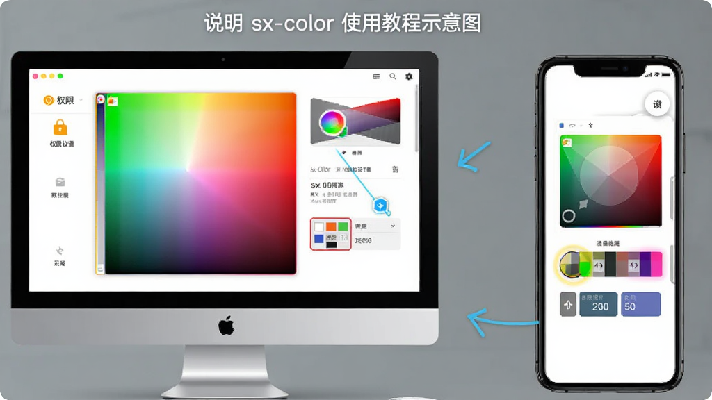 sx-color使用教程示意图,主体为电脑屏幕和手机屏幕并排展示,布局为左侧电脑端取色界面右侧移动端悬浮窗取色界面,排版为对比说明风格,细节包含权限设置图标、取色按钮、色值显示框,画质高清,干净无多余元素