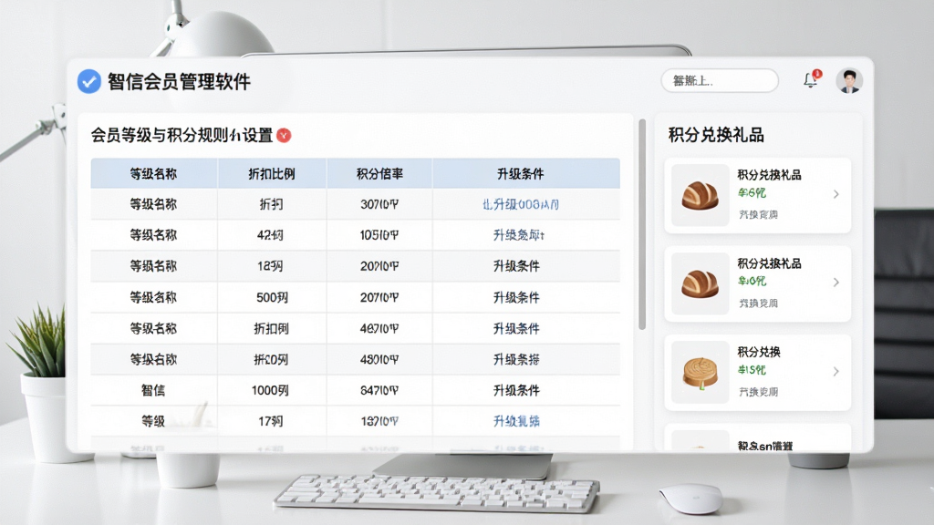 一张展示智信会员管理软件会员等级与积分规则设置界面的截图,画面中央是等级规则配置表格,包含等级名称、折扣比例、积分倍率、升级条件等列,右侧显示积分兑换礼品列表,整体布局为表格加卡片组合结构,风格为简约商务风,背景是干净的办公桌面,细节清晰,画质干净,无多余元素