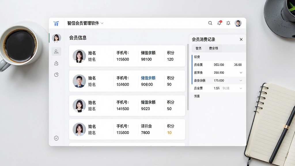一张展示智信会员管理软件会员档案管理功能的界面截图,画面中央是会员信息卡片列表,包含头像、姓名、手机号、储值余额、积分等字段,右侧弹出会员消费记录详情面板,整体布局为左右分栏结构,风格为清爽浅色商务风,屏幕旁边放着一杯咖啡和一本笔记本,细节清晰,画质干净,无多余元素